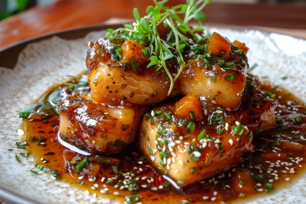 A beautifully plated dish of incredible min sweet savory featuring vibrant vegetables and a drizzle of sauce