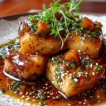 A beautifully plated dish of incredible min sweet savory featuring vibrant vegetables and a drizzle of sauce