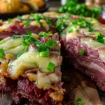 A delicious homemade pizza topped with corned beef, green onions, and melted cheese, perfect for St. Patrick's Day.