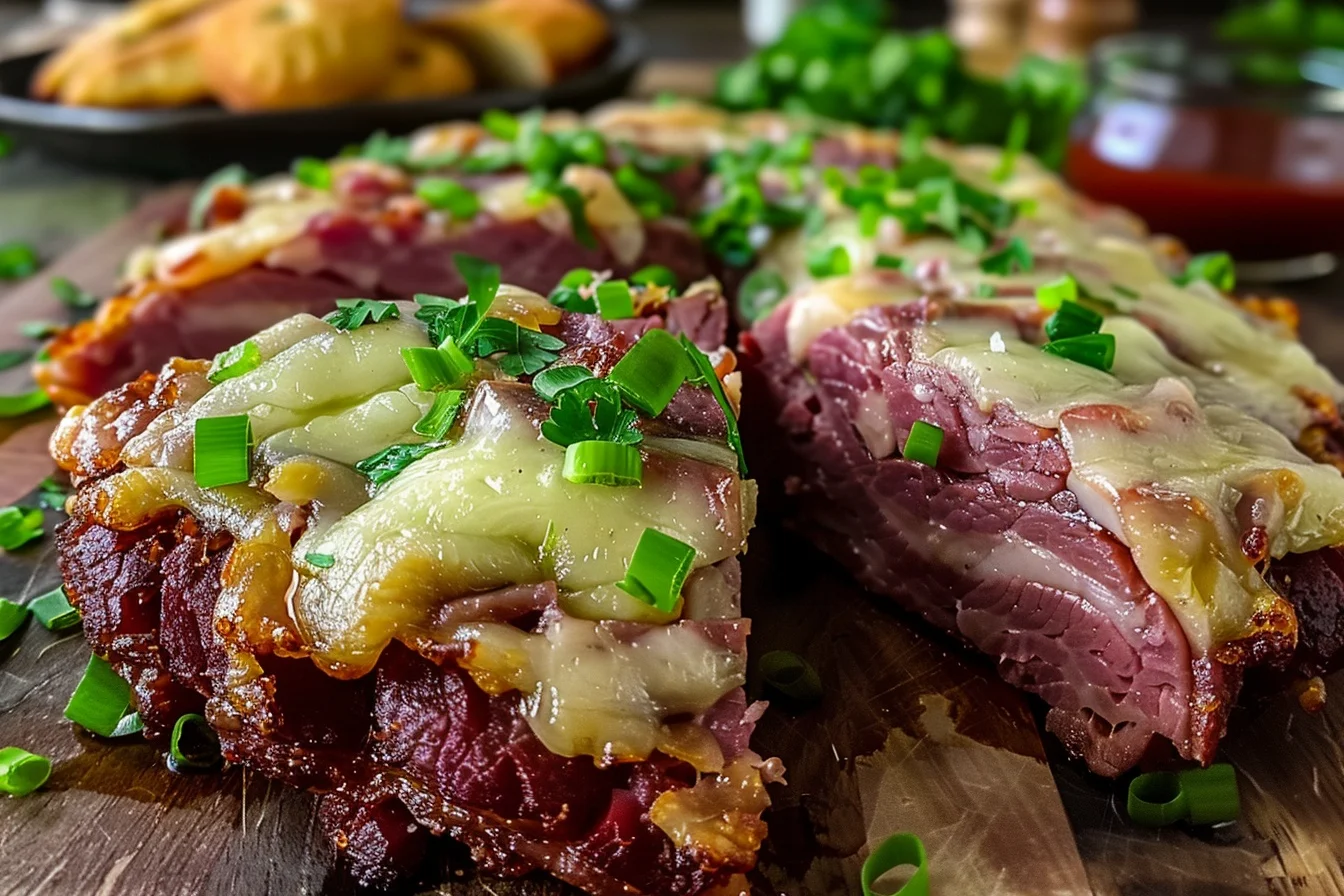 A delicious homemade pizza topped with corned beef, green onions, and melted cheese, perfect for St. Patrick's Day.