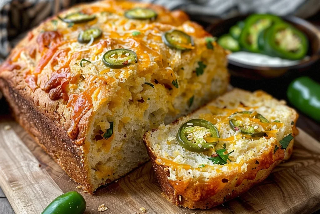 Freshly baked jalapeno cheddar bread loaf on a wooden cutting board, with slices cut and melted cheese visible