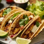 A plate of keto crispy chicken tacos topped with fresh cilantro, avocado slices, and lime wedges
