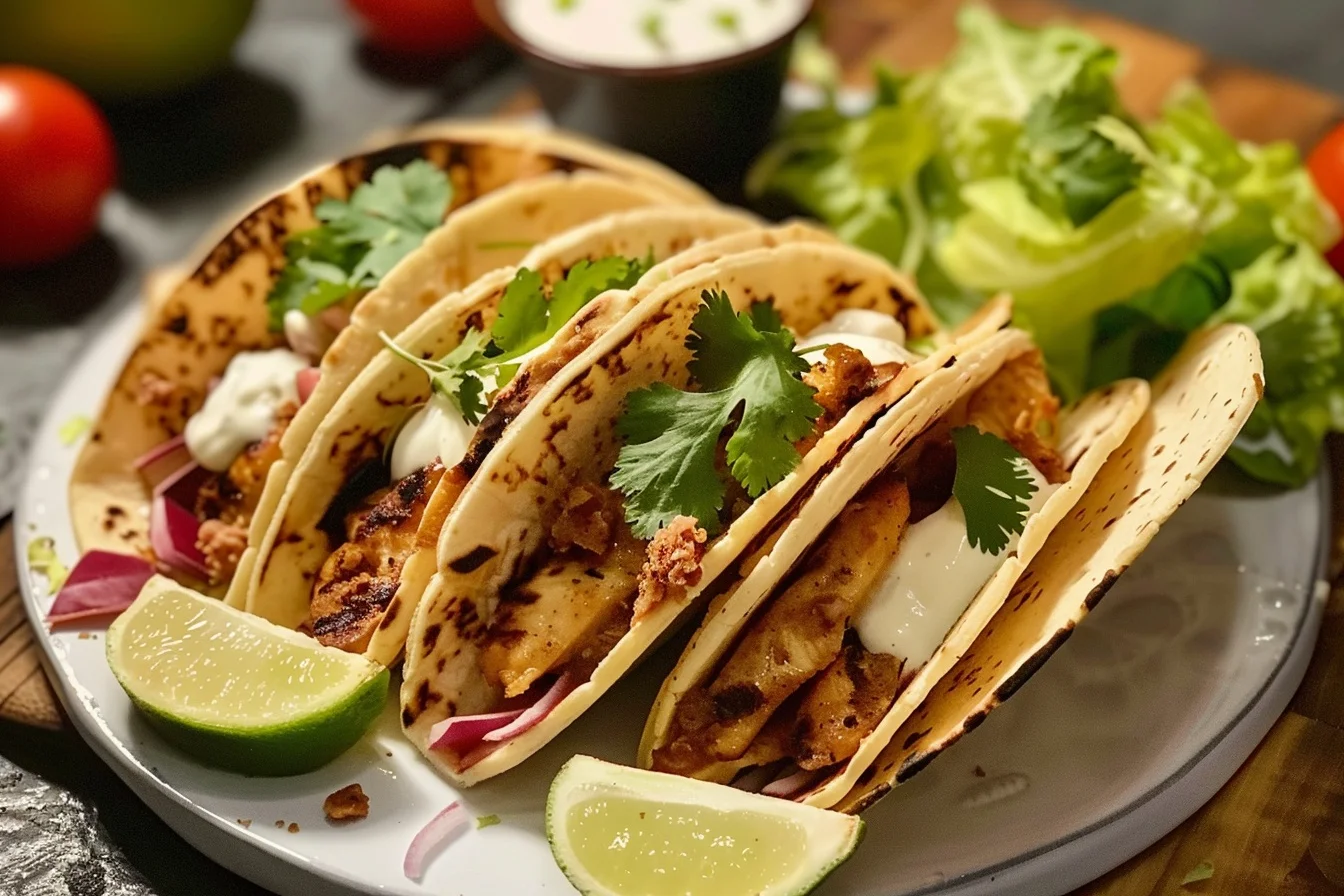 A plate of keto crispy chicken tacos topped with fresh cilantro, avocado slices, and lime wedges