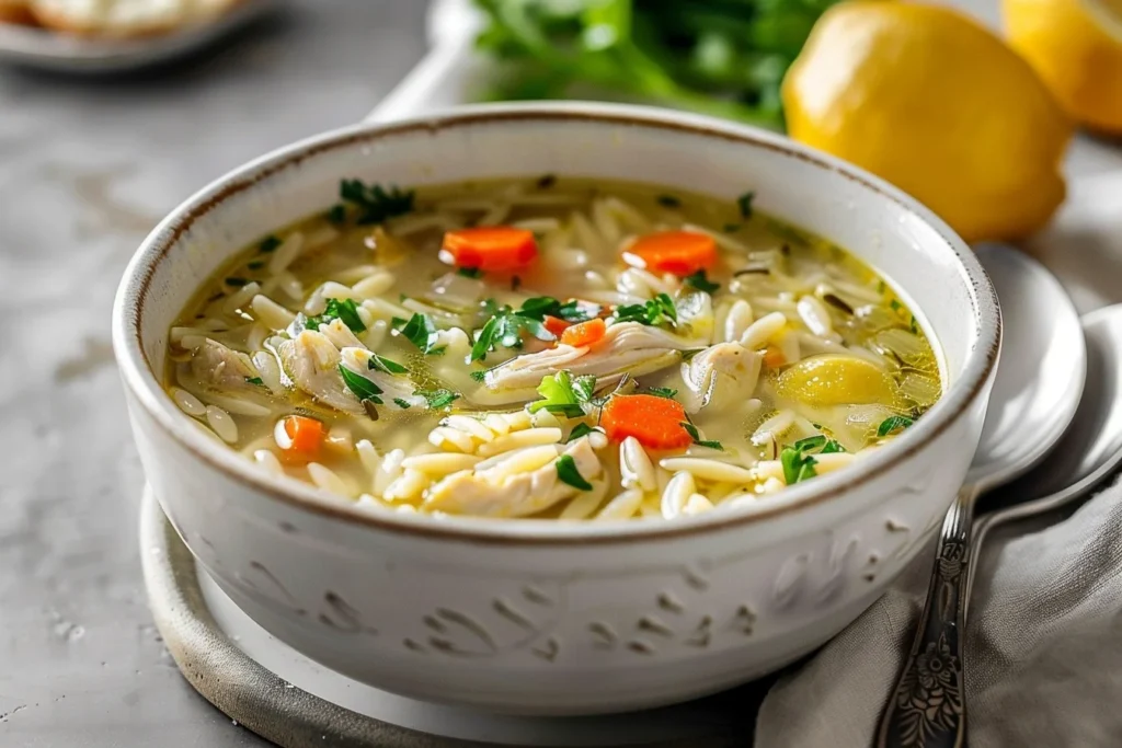 A bowl of lemon chicken orzo soup garnished with fresh herbs and lemon slices