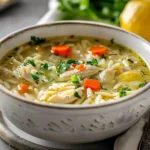 A bowl of lemon chicken orzo soup garnished with fresh herbs and lemon slices