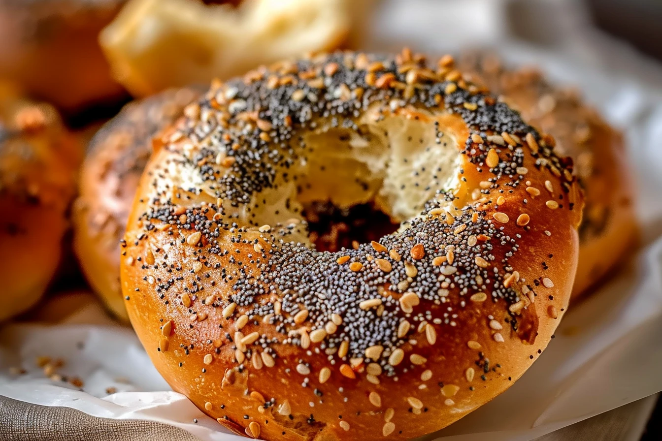 Freshly baked lemon poppy seed bagels topped with a sprinkle of poppy seeds and lemon zest on a wooden cutting board