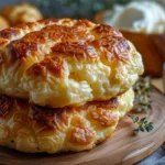Fluffy slices of low carb cloud bread on a wooden cutting board with herbs