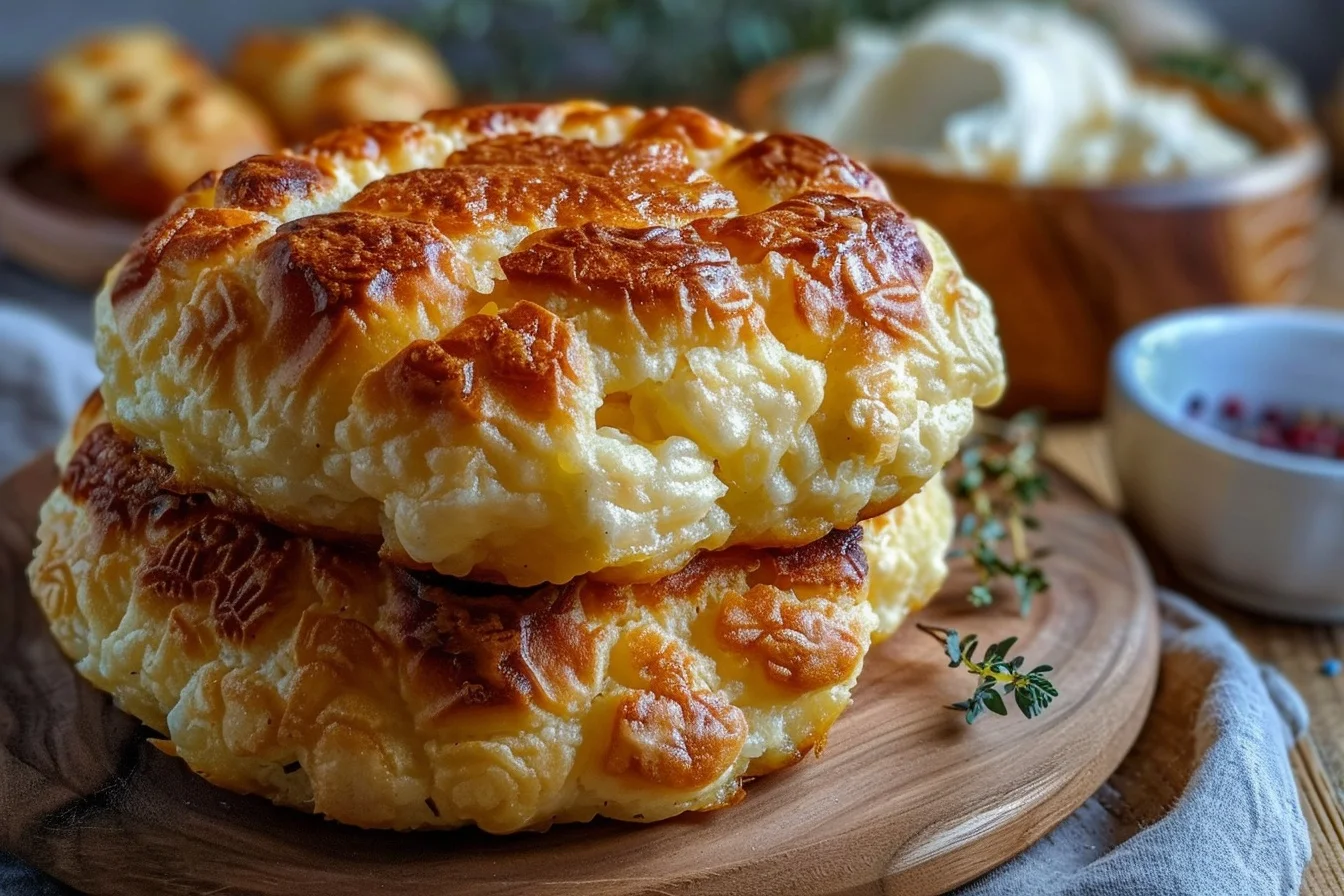 Fluffy slices of low carb cloud bread on a wooden cutting board with herbs