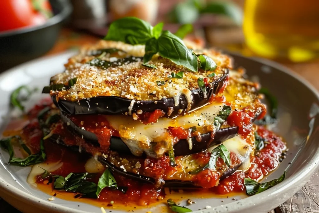 Low Carb Eggplant Parmesan: 4 Easy Crispy Layers in 15 1 A beautifully layered low carb eggplant parmesan with crispy golden edges on a white plate