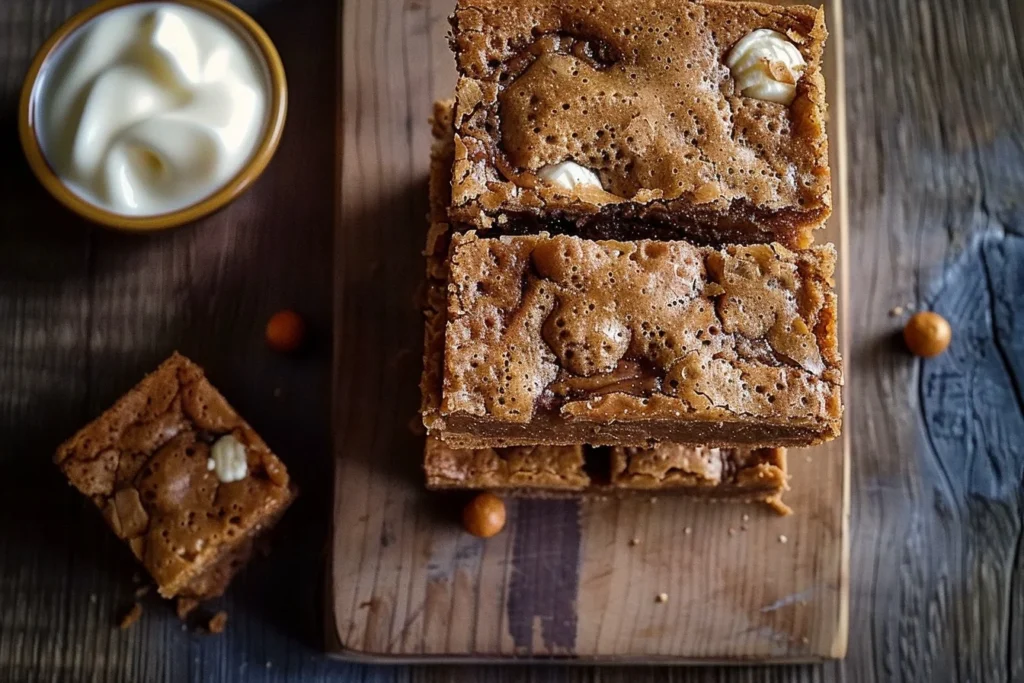 A close-up of malted milk ball blondies topped with chocolate drizzle and malted milk balls