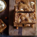 A close-up of malted milk ball blondies topped with chocolate drizzle and malted milk balls