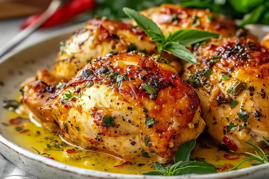 A beautifully plated marry chicken dish garnished with fresh herbs and served with colorful vegetables.