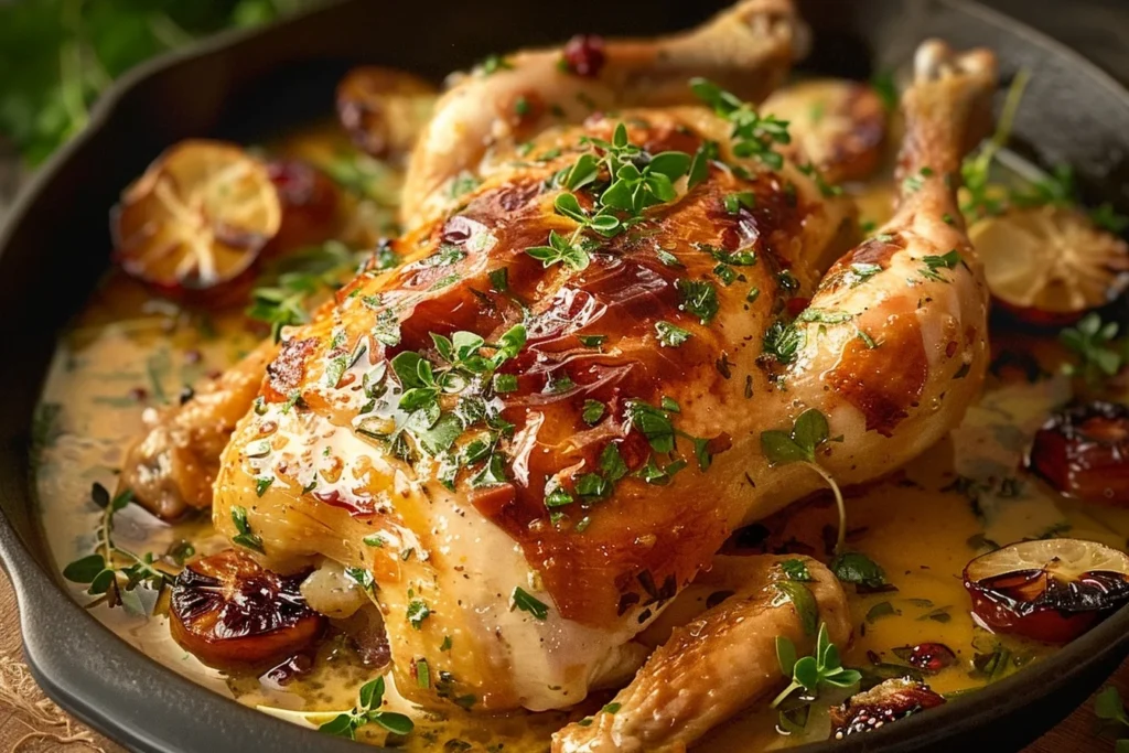 A beautifully plated marry me chicken dish garnished with fresh herbs and served with a side of vegetables