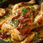 A beautifully plated marry me chicken dish garnished with fresh herbs and served with a side of vegetables