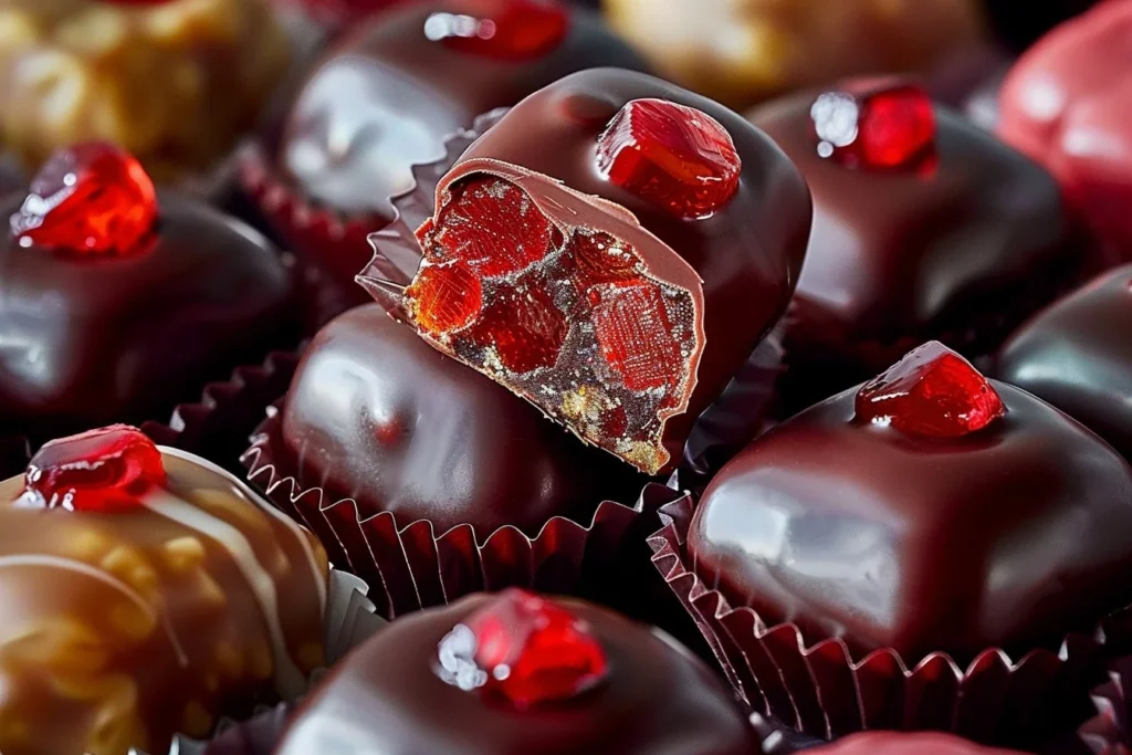 A beautifully arranged platter of assorted Martha Washington candies, including chocolate-covered coconut and peanut butter varieties, garnished with nuts.
