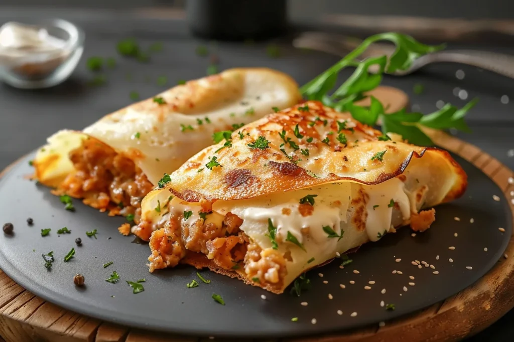 Golden-brown crepes filled with minced meat and garnished with fresh herbs
