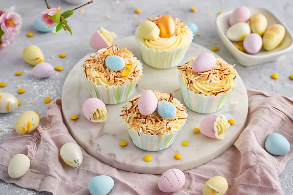 Mini Easter Cheesecake Cups: 5 Simple Steps 1 A close-up of mini Easter cheesecake cups topped with colorful sprinkles and chocolate eggs