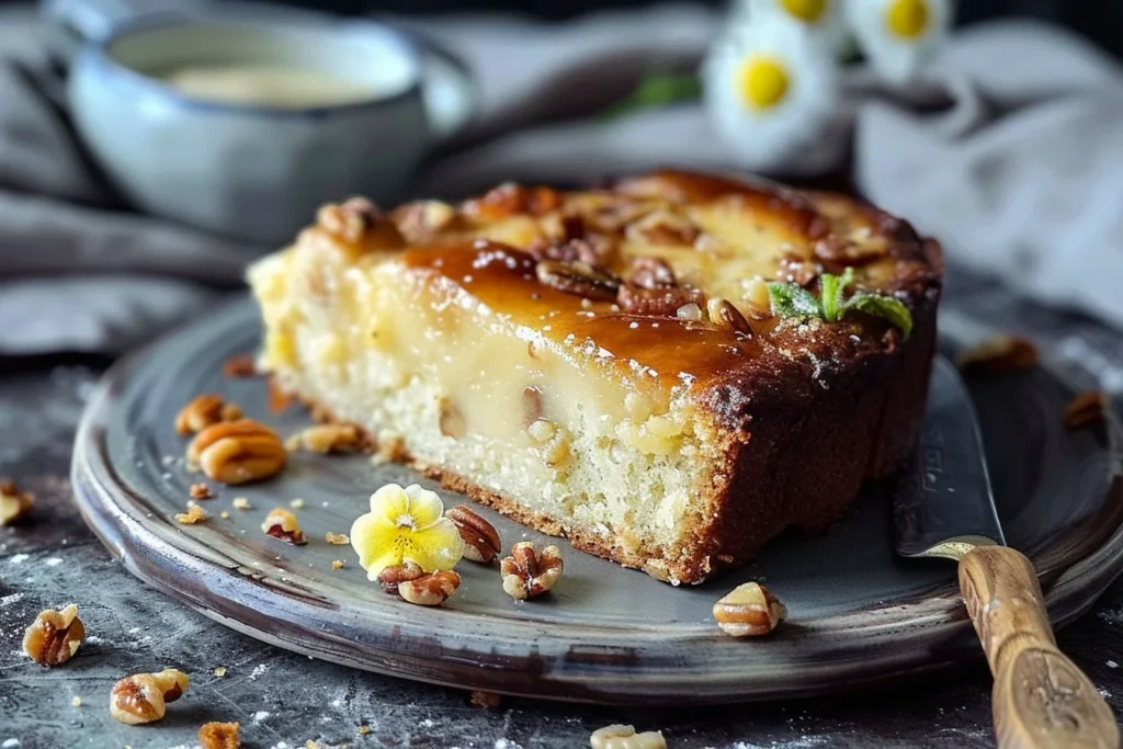 A beautifully decorated moist homemade dairy free cake with fresh berries and a slice cut out on a wooden table.
