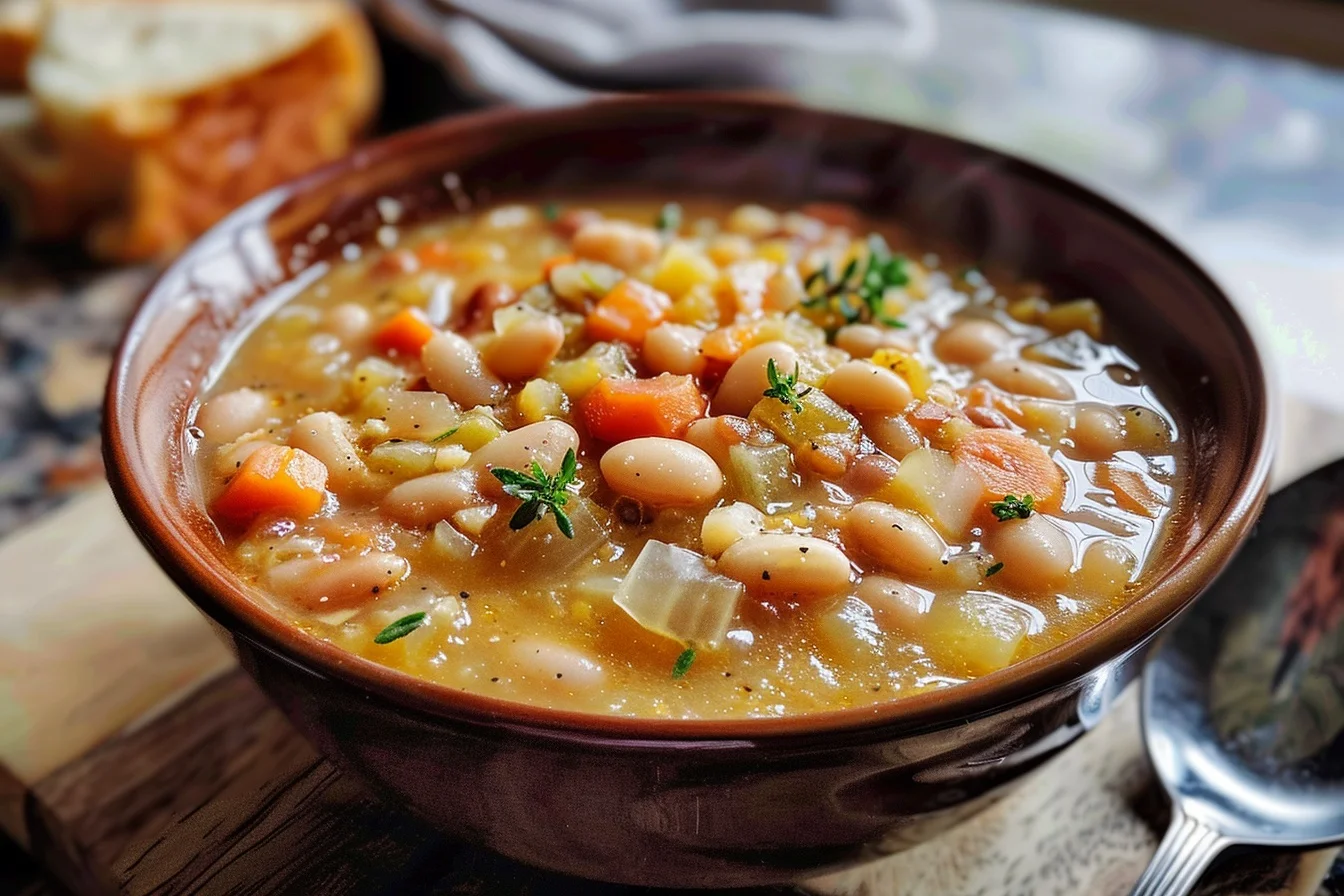 A bowl of navy bean soup topped with fresh parsley and served with crusty bread