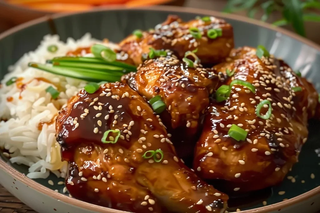 oven baked honey soy 5 Easy Steps to Perfect Chicken in 15 minutes 1 Golden brown oven baked honey soy chicken garnished with green onions on a white plate