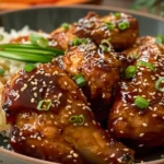 Golden brown oven baked honey soy chicken garnished with green onions on a white plate
