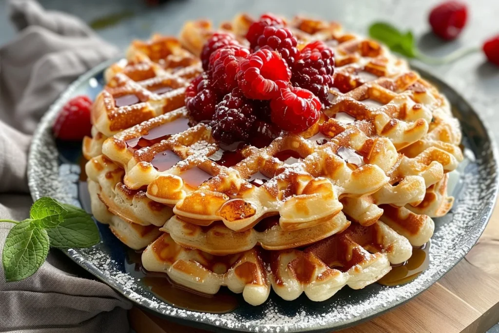 Golden brown paleo coconut flour waffles stacked on a white plate, garnished with fresh berries and maple syrup
