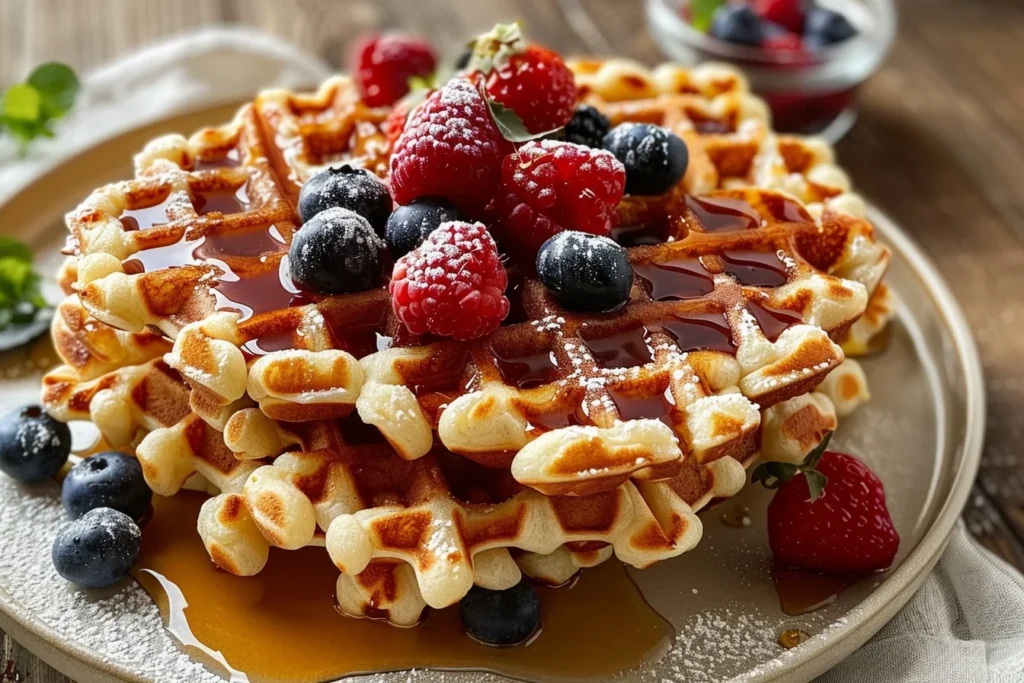Paleo Coconut Flour Waffles: 6 Healthy Breakfast Ideas in 1 Golden brown paleo coconut flour waffles topped with fresh berries and maple syrup