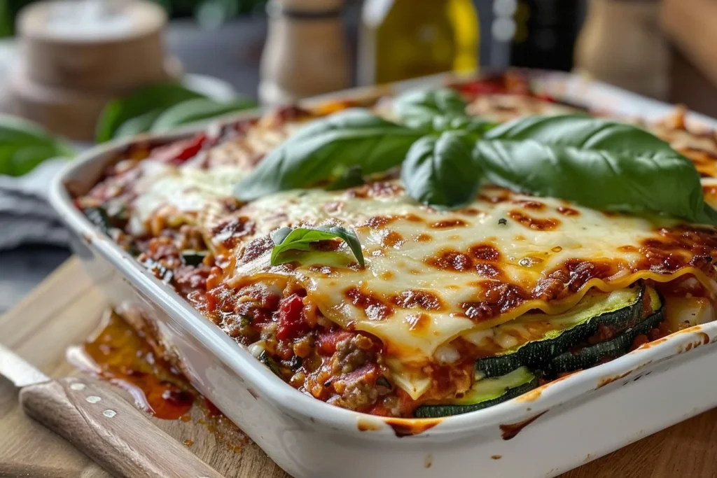 A delicious serving of paleo zucchini lasagna topped with fresh basil and cheese, on a wooden table