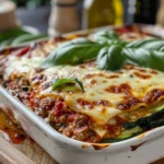 A delicious serving of paleo zucchini lasagna topped with fresh basil and cheese, on a wooden table