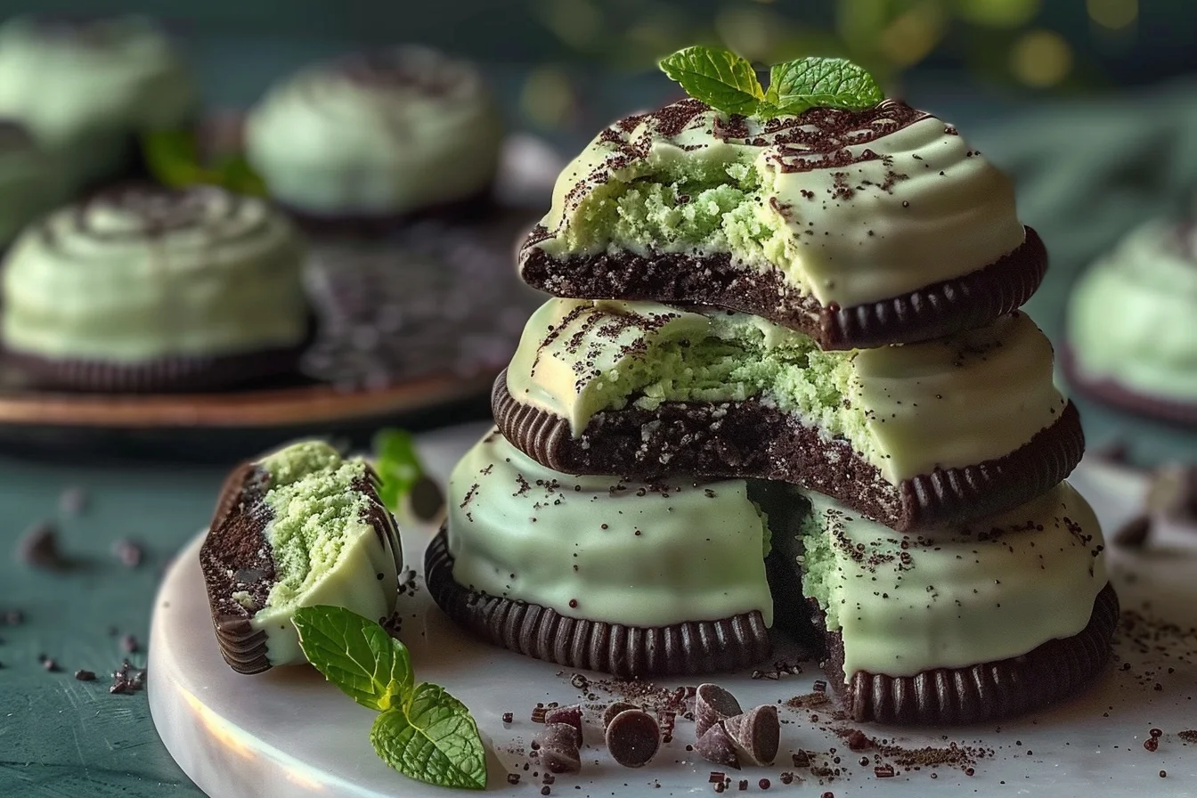 A plate of green and black mint Oreo truffles decorated for St. Patrick's Day