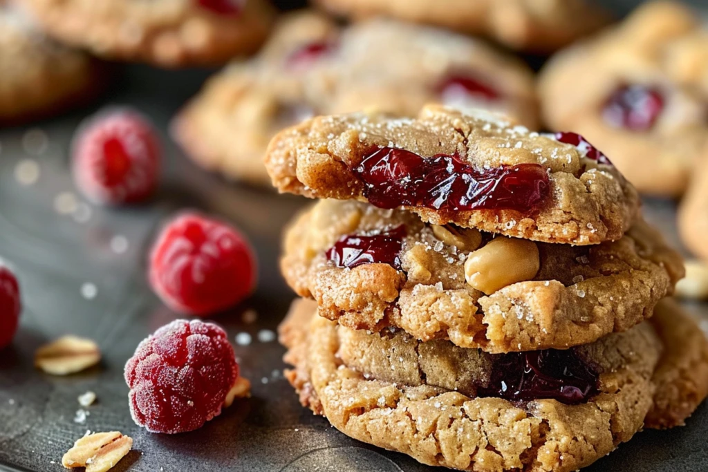A stack of freshly baked peanut butter jelly cookies with a dollop of raspberry jam on top