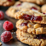 A stack of freshly baked peanut butter jelly cookies with a dollop of raspberry jam on top