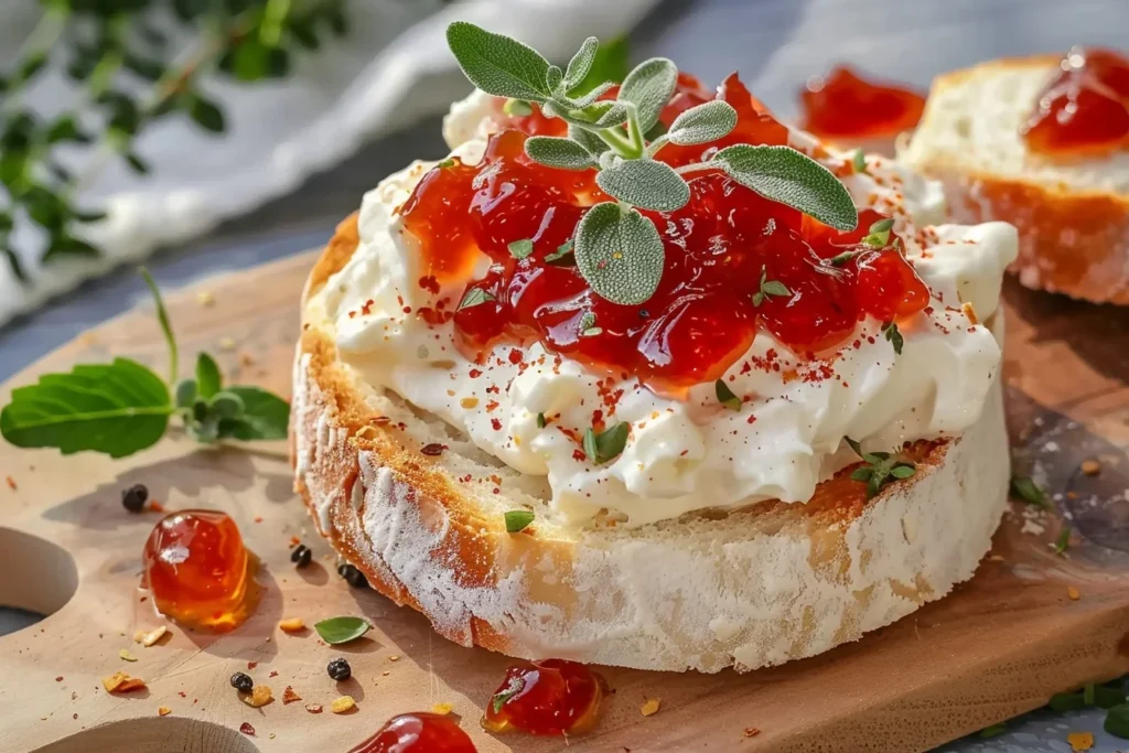 A vibrant spread of pepper jelly cream cheese on a wooden serving board, garnished with fresh herbs and crackers.