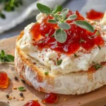 A vibrant spread of pepper jelly cream cheese on a wooden serving board, garnished with fresh herbs and crackers.