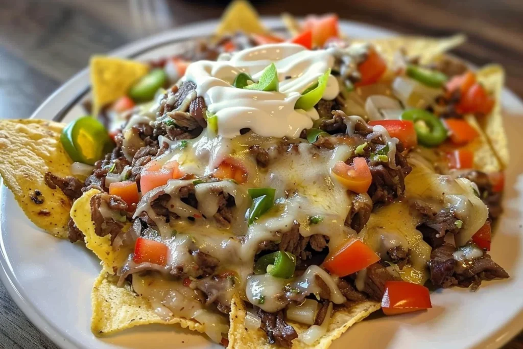 Philly Cheesesteak Nachos Dinner: 5 Delicious Tips 1 A platter of cheesy nachos topped with sliced steak, peppers, and onions, garnished with jalapenos and fresh cilantro