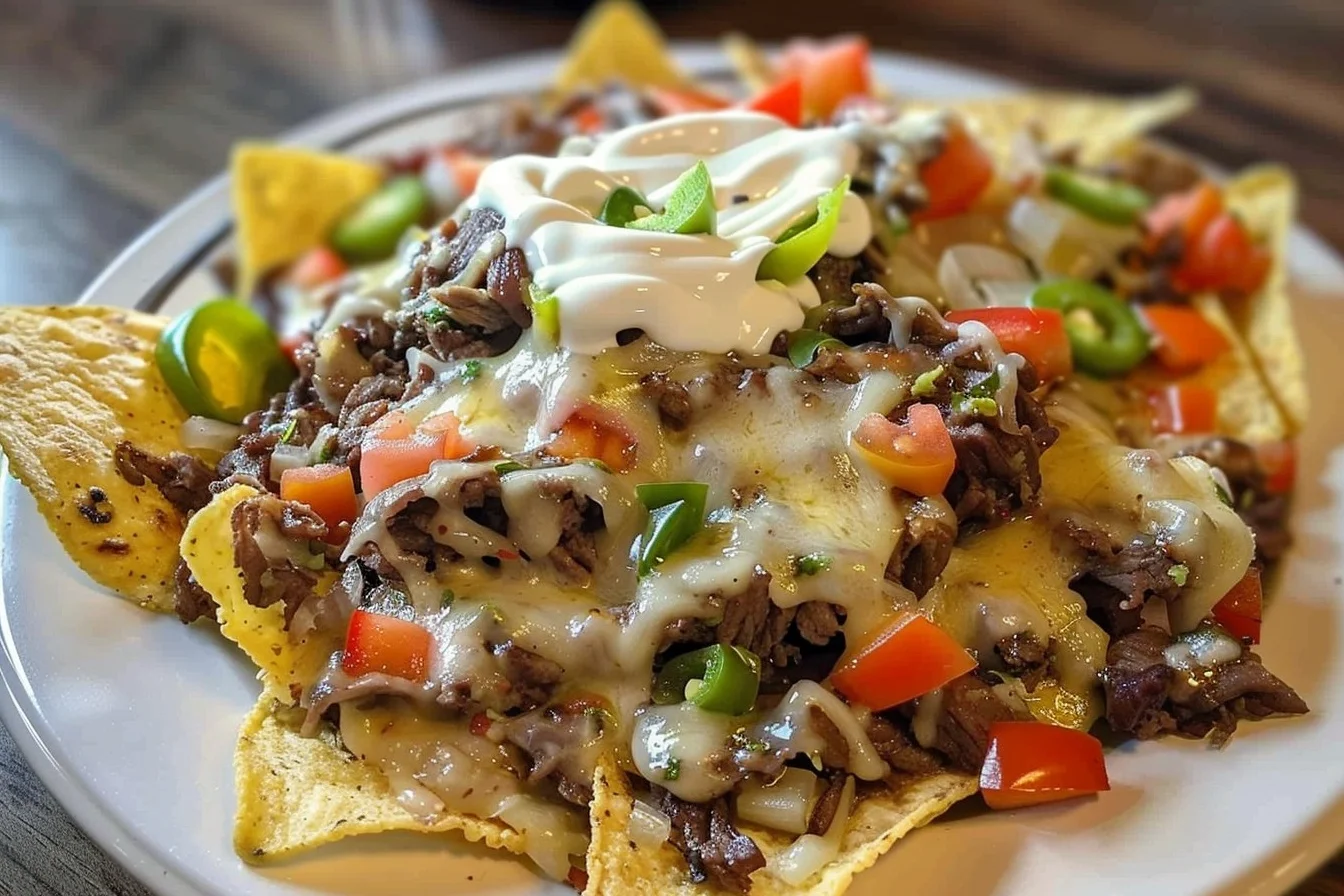 A platter of cheesy nachos topped with sliced steak, peppers, and onions, garnished with jalapenos and fresh cilantro