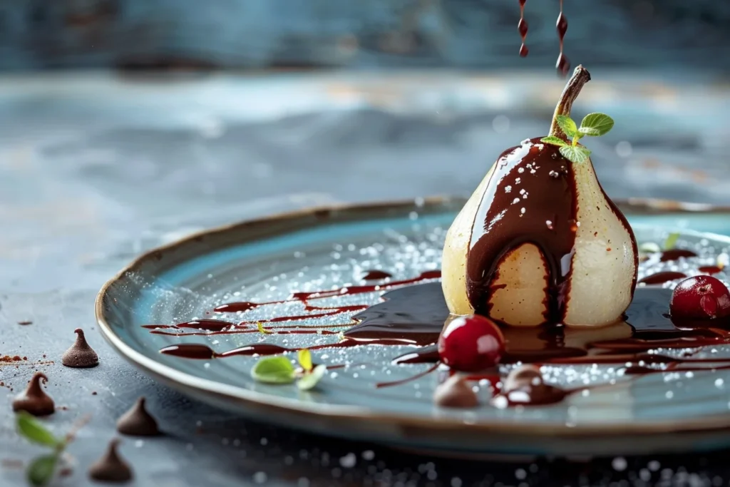 Five poached pears drizzled with rich chocolate sauce on a white plate