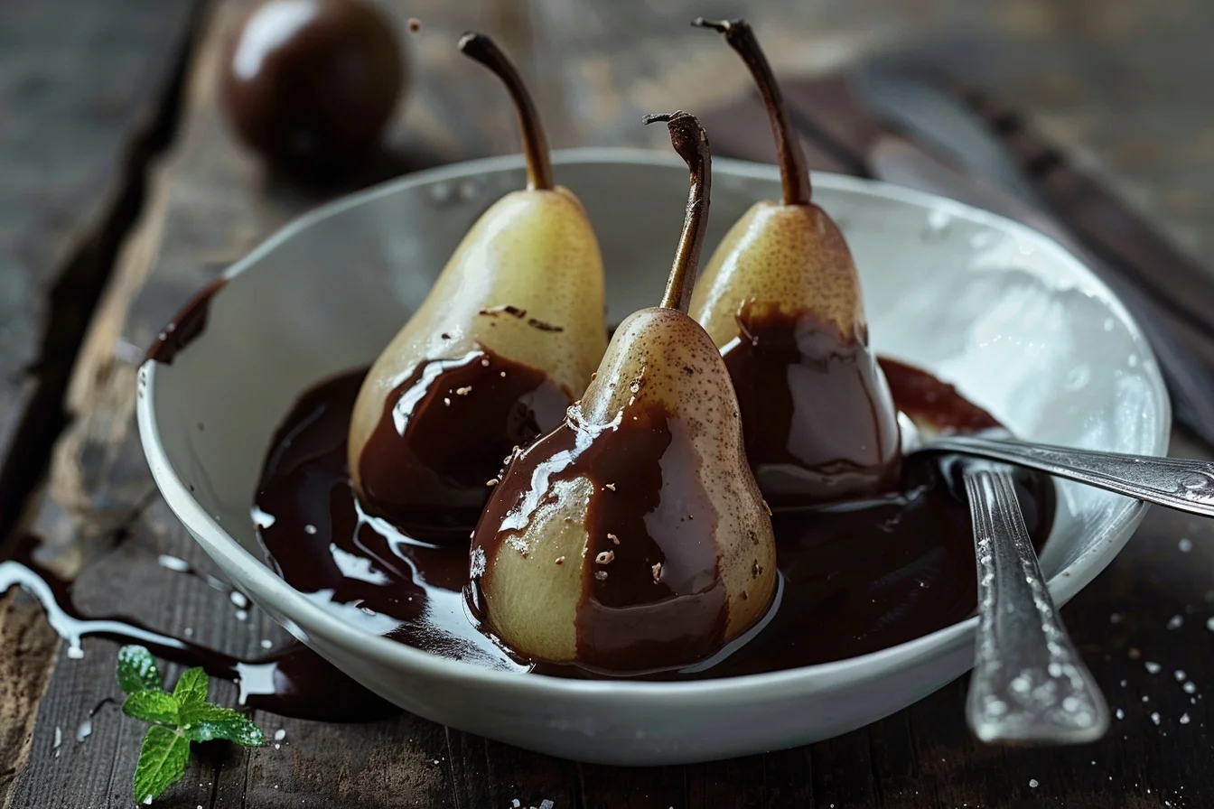 poached pears chocolate sauce 5 poached pears with chocolate middle