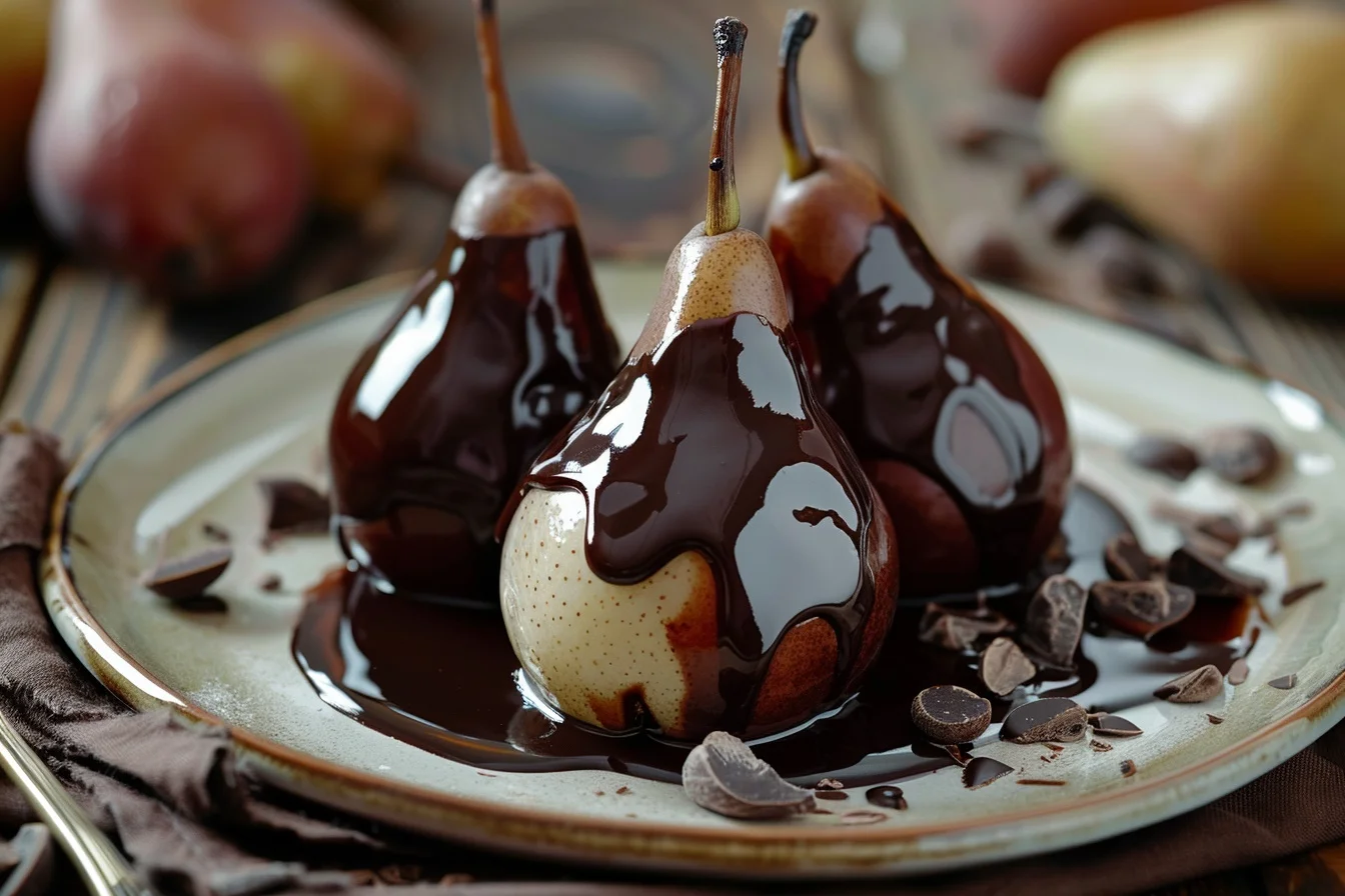 poached pears chocolate sauce 5 poached pears with chocolate top