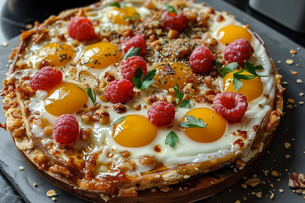 A delicious high protein breakfast pizza topped with eggs, spinach, and cheese on a wooden cutting board