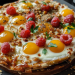 A delicious high protein breakfast pizza topped with eggs, spinach, and cheese on a wooden cutting board