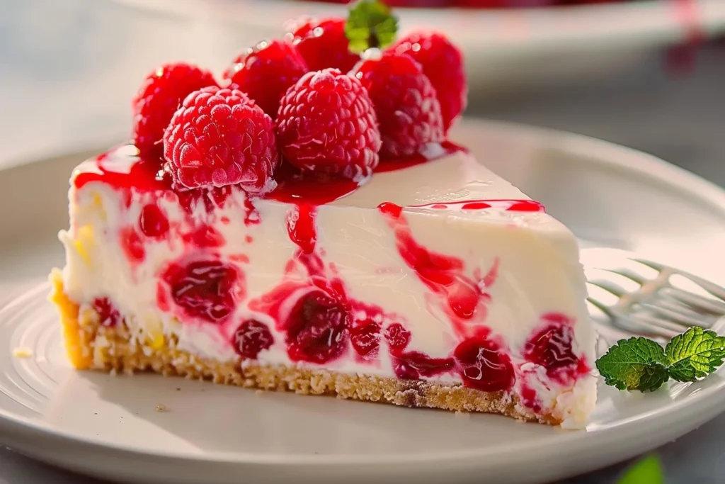 A slice of raspberry bake cheesecake topped with fresh raspberries and mint leaves on a white plate.