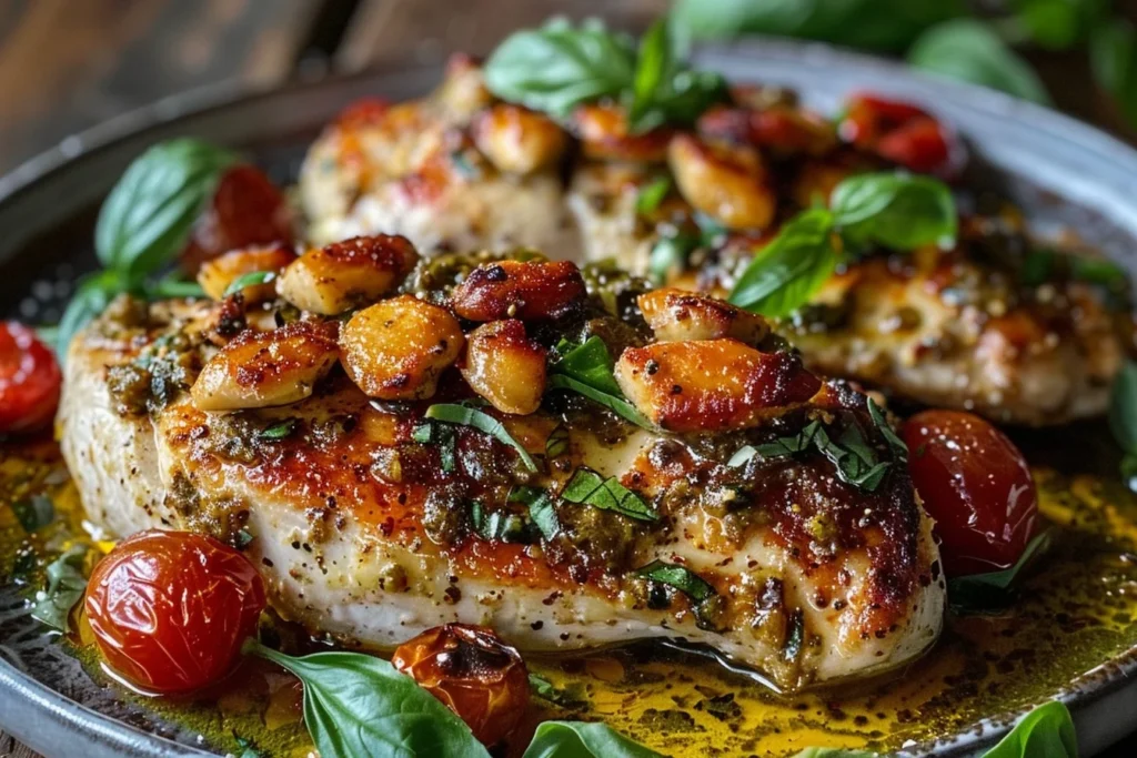 A beautifully plated red pesto chicken with fresh basil and cherry tomatoes on a rustic wooden table