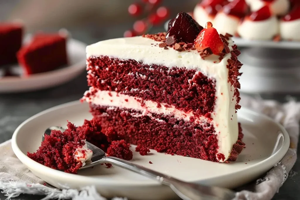 A beautifully decorated red velvet cake with cream cheese frosting and fresh berries on top.