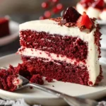 A beautifully decorated red velvet cake with cream cheese frosting and fresh berries on top.
