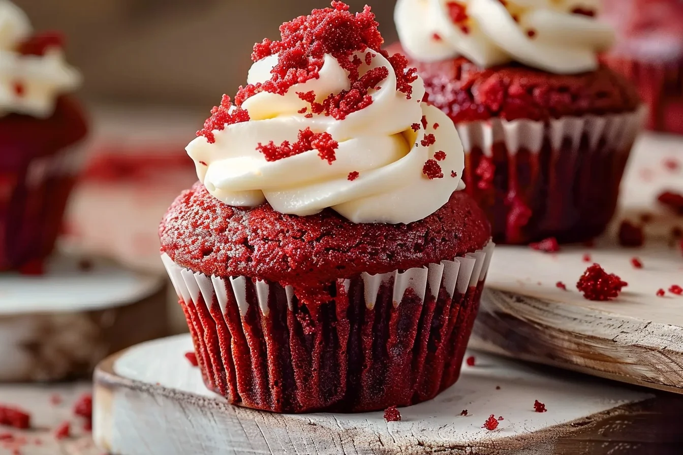 A plate of freshly baked red velvet cupcakes topped with cream cheese frosting and decorative sprinkles.