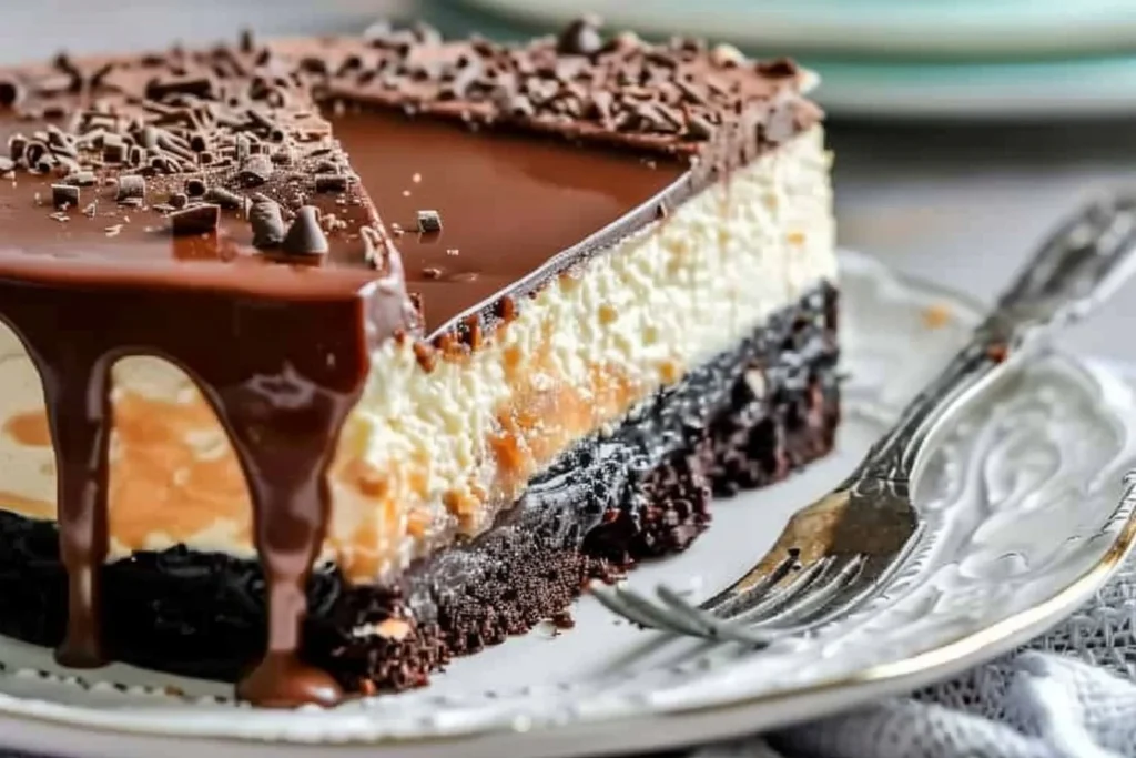 Salted Caramel Chocolate Cheesecake: 7 Irresistible Treats 1 A decadent salted caramel chocolate cheesecake topped with drizzled caramel and chocolate shavings on a white plate.