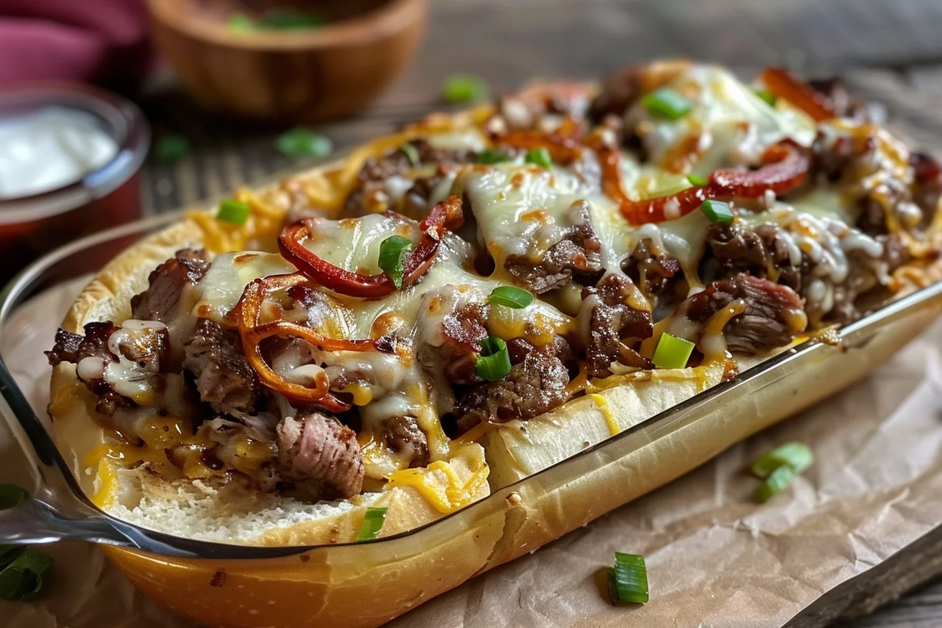 A delicious savory keto philly cheesesteak served on a plate with melted cheese and bell peppers