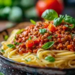 A bowl of savory vegan lentil bolognese topped with fresh basil and served with spaghetti.