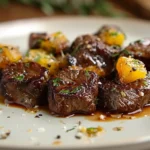 Juicy steak bites sizzling in garlic butter with herbs on a wooden cutting board